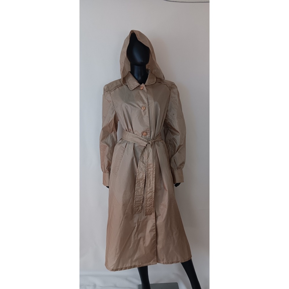 Totes Coats Womens Water Repellant Hooded Raincoat Grey Belted Nylon Size 14